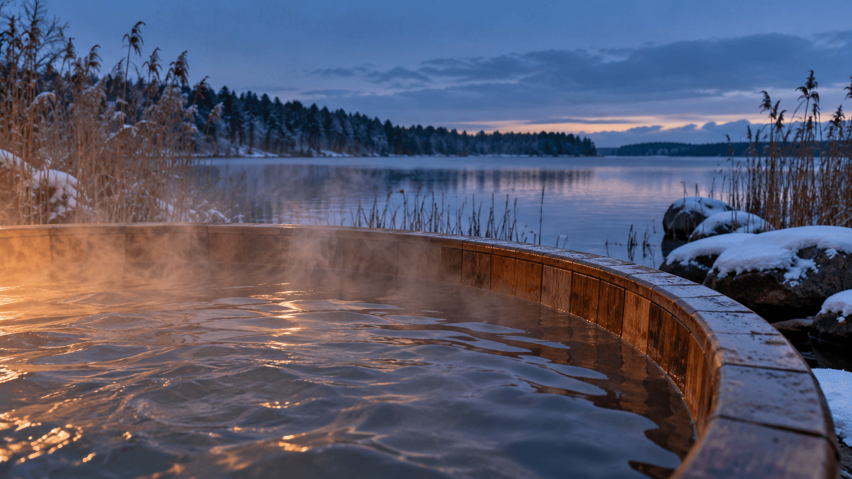 Jacuzzi zimą nad jeziorem — ilustracja